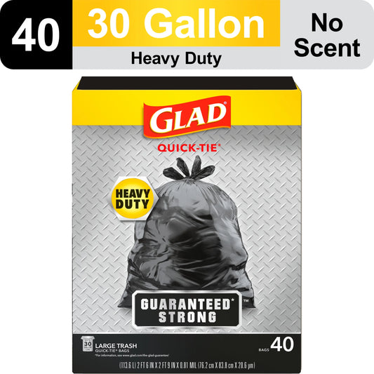 Quick Tie Extra Strong Large Trash Bags, 30 Gallon, 40 Bags